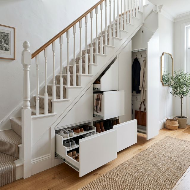 Sleek white push-to-open under stairs storage drawers slightly open