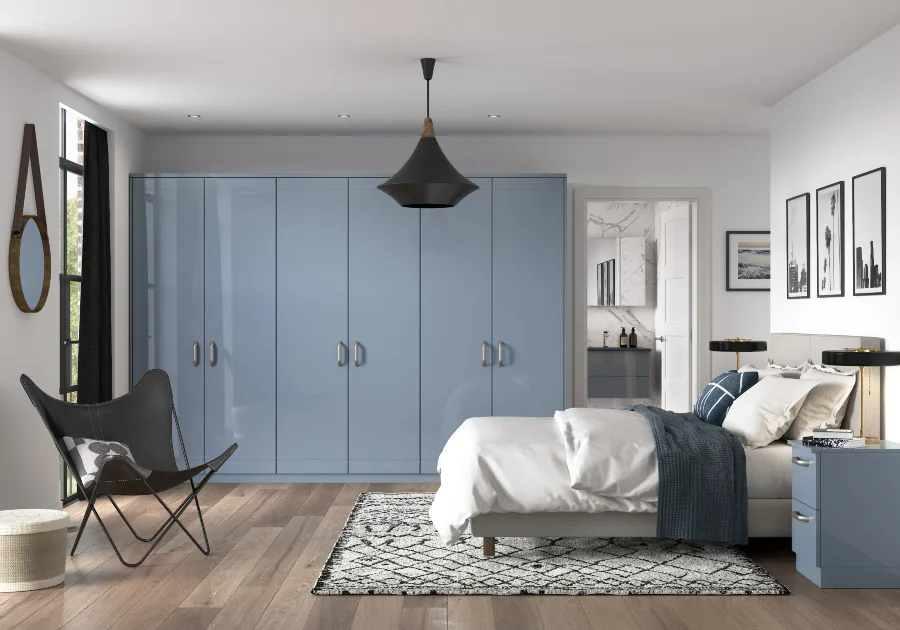 Striking gloss denim built-in modern wardrobe measuring 900x650 per unit