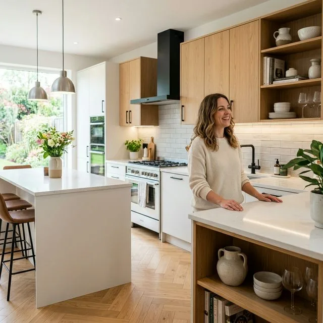 Client in their kitchen after a two-day facelift with replacement doors