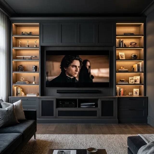 Luxury media wall with large-format electric fire
