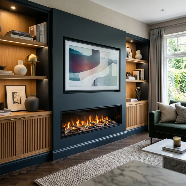 Signature media wall with panoramic fire and shelving
