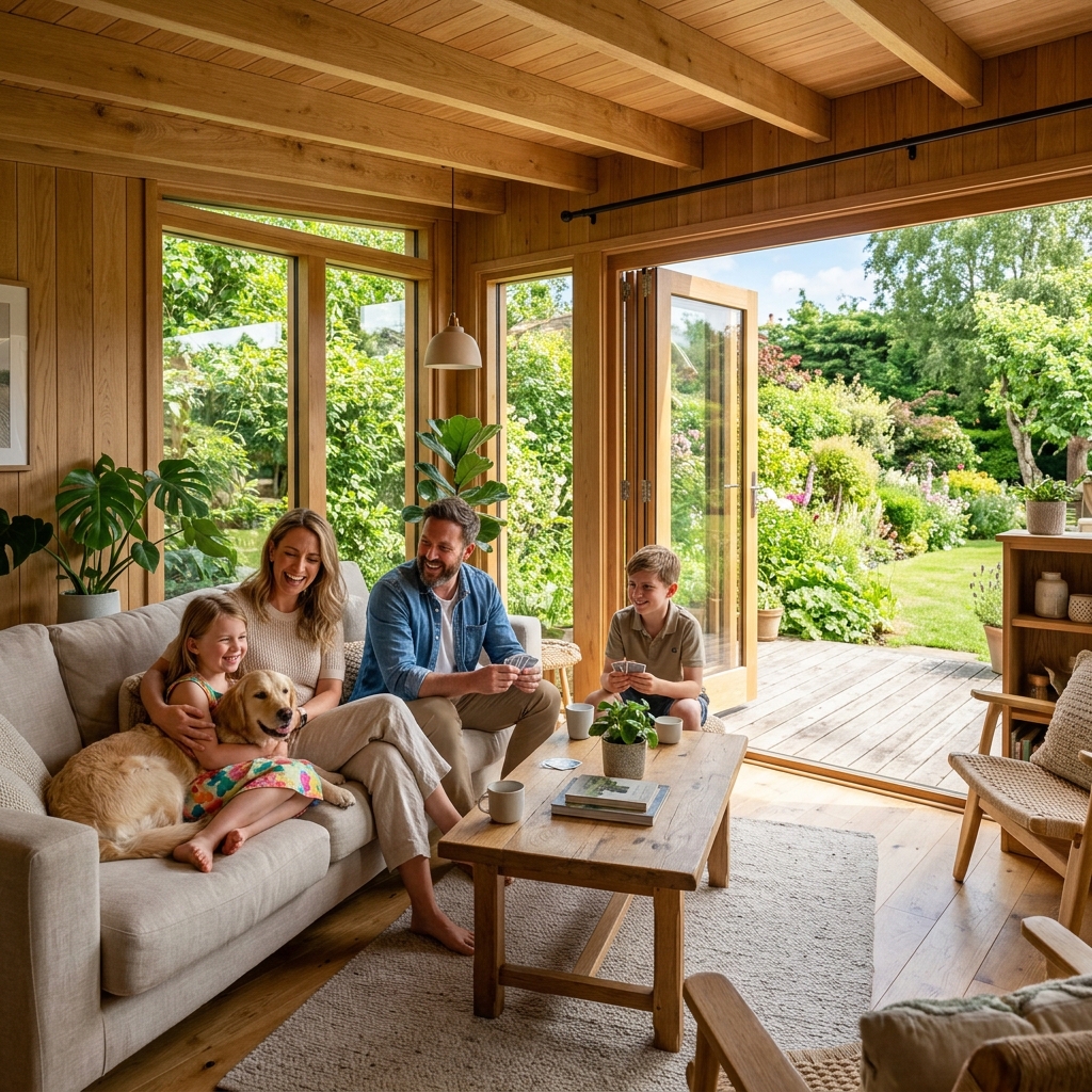 Happy family in their new Cardiff garden room